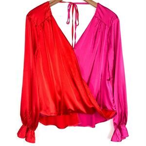 She + Sky Red Pink Split Satin Surplice Top Size Medium